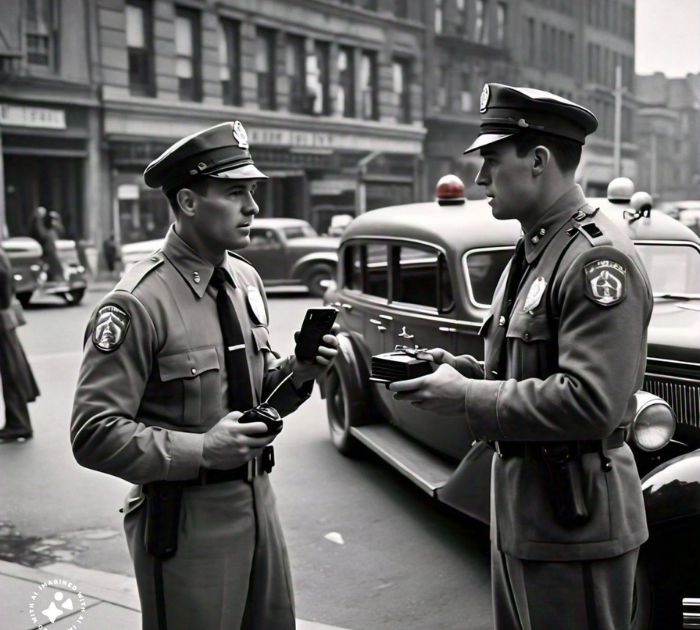 walkie-talkie from the late 1940s, used by police. with a prominent antenna, representing the early days of portable communication technology