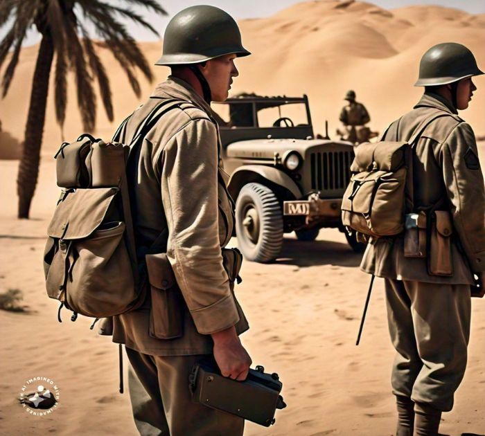 Two soldiers operating a Handie-Talkie in a desert landscape. One soldier is holding the radio device, while the other soldier is carrying the battery pack on his back. They are standing in a sandy dune, with a few trees and a vast desert horizon in the background. The image depicts a moment in time during World War 2