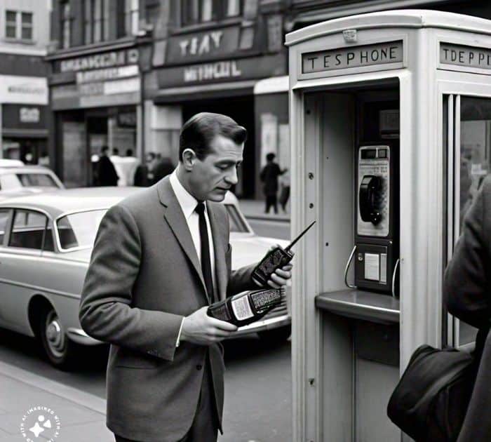 A person holding a walkie talkie in 1960, representing the early days of wireless communication technology becoming accessible to the general public.