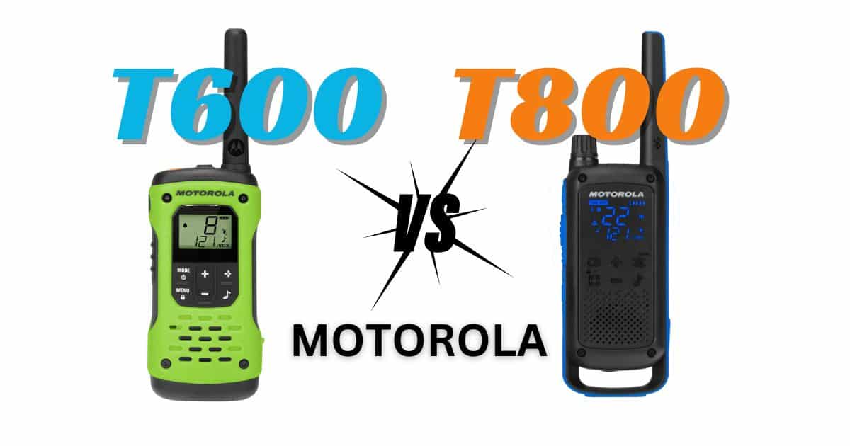 comparing two different motorola walkie talkie models on leftside a green and black color motorola t600 and on the rightside a black color motorla t800