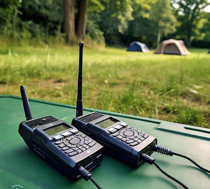 showing 2 walkie talkies with antena attached on a green color table, grass and trees in background